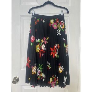Modcloth Renewed Vision Colorful Floral Pleated Black Stretchy Midi Skirt Size M